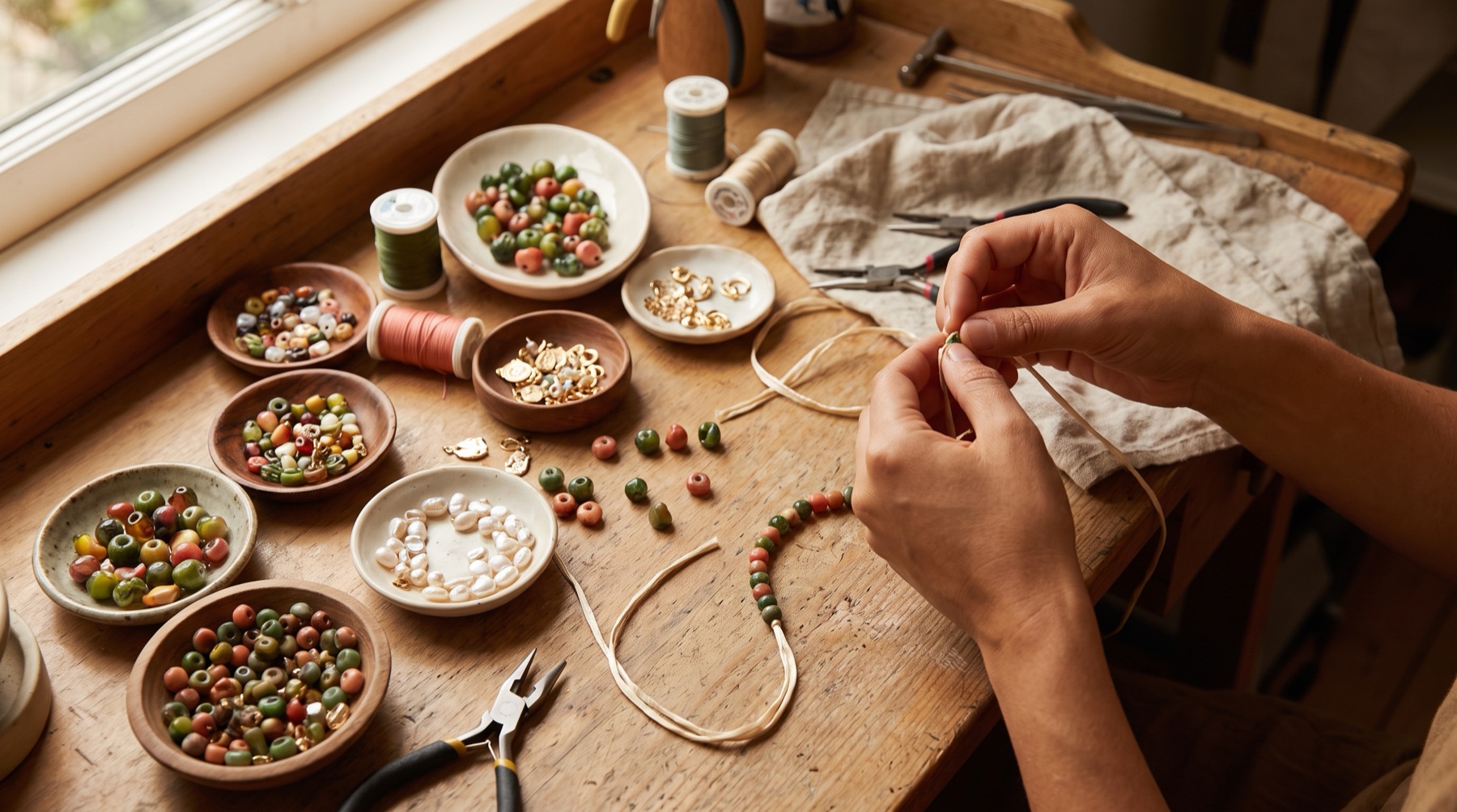Hands stringing glass beads at the workbench
